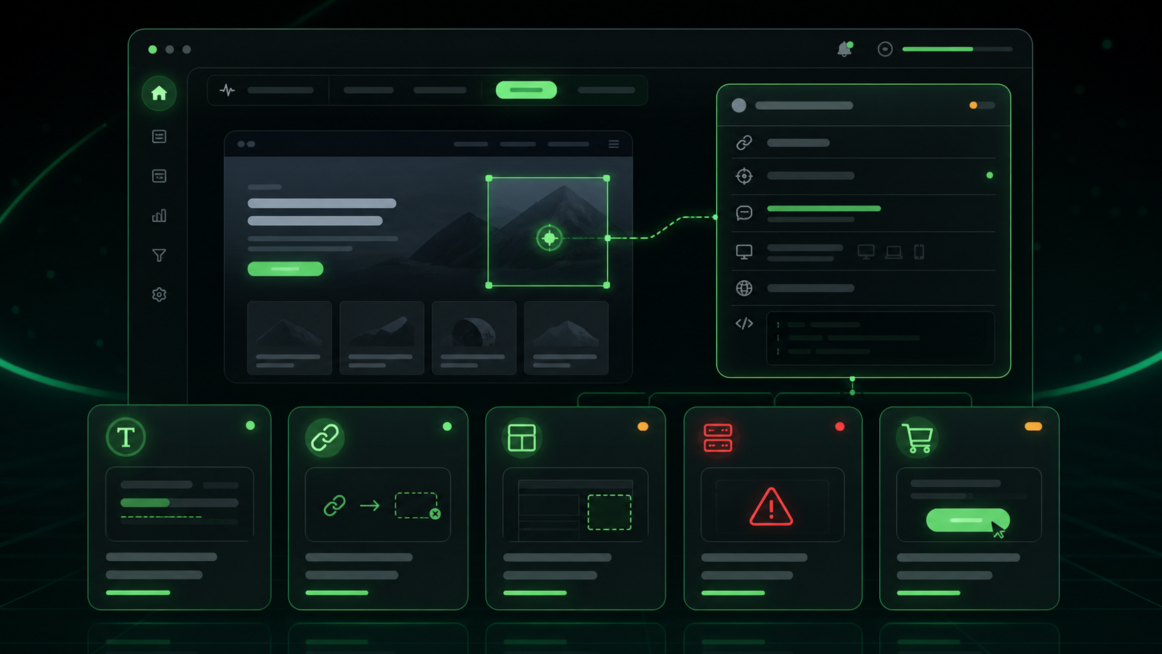 Visuel futuriste des cas détectés par BugsPointer: contenu, lien, interface, serveur et conversion