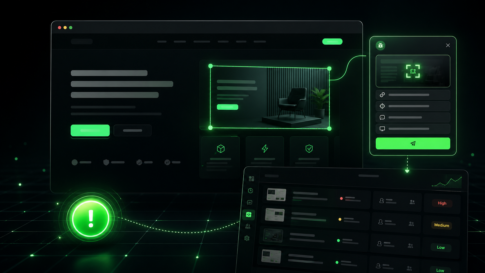 Visuel futuriste BugsPointer montrant un bouton de signalement, une zone pointée et un rapport de bug contextualisé